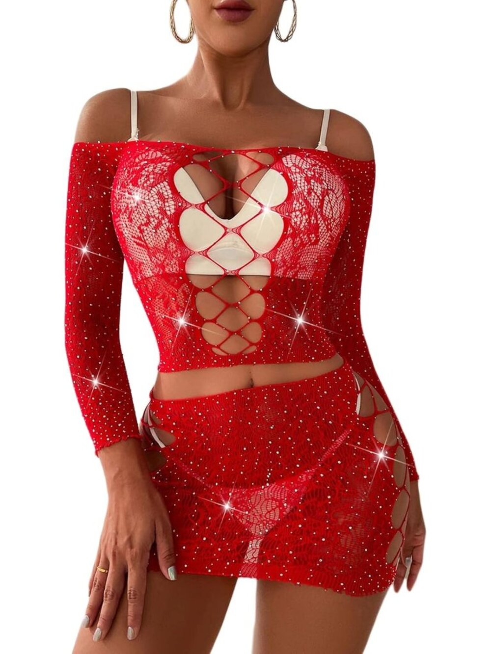 Women's Red Sparkly Sheer Lingerie Set Micro Bra & G-String Bikini